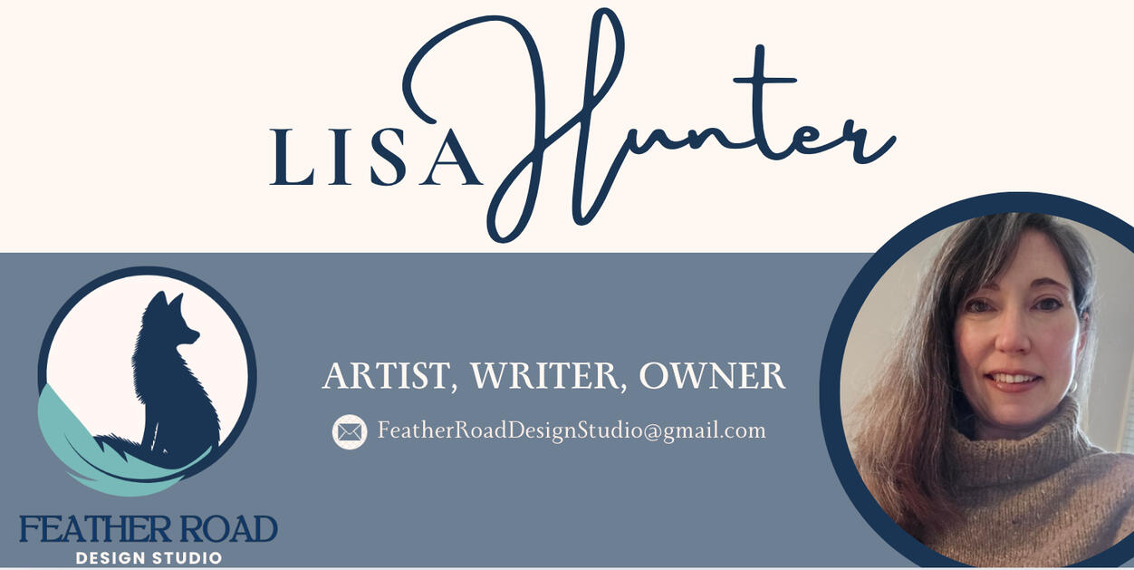 Lisa Hunter written in blue on a cream and light blue background with the fox and feather inside a circle and a photo of Lisa, a woman with long brown hair wearing a taupe colored knit sweater inside of a circle.