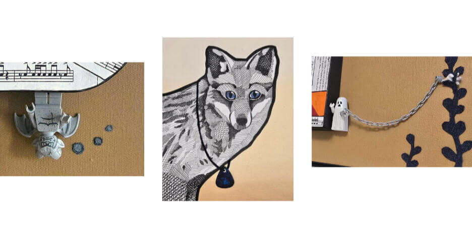 Lisa Hunter's 3 small close up views of fox collage. Upside down grey bat w/ bubbles rising, illustrated fox head/torso wearing blue guitar pick, white ghost figure w/grey chain trailing to white hand grasping seaweed cut from jeans. Feather Road Design St